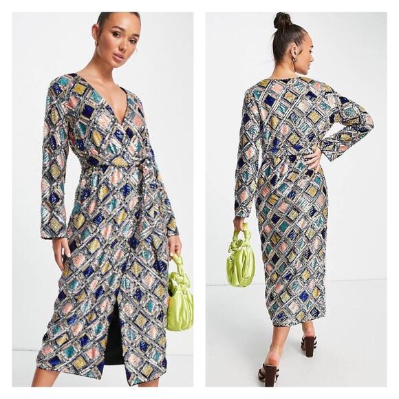 ASOS Edition Diamond Geo Sequined Long Sleeve Midi Wrap Dress Size 8 NWT032 - Picture 1 of 6